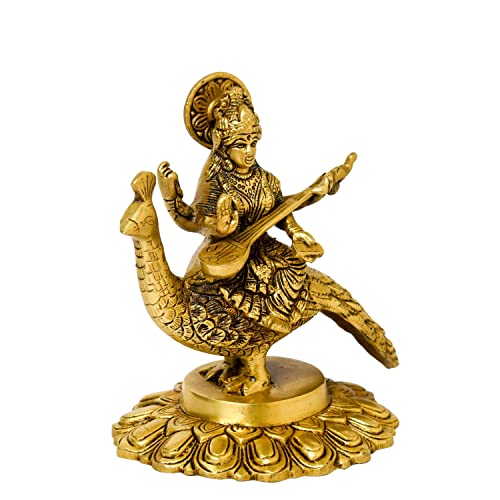 Bhimonee Decor Brass Saraswati Idol for Home Decor, Sitting on Peacock, Gift & Puja, 1.5 kg, 6.5 inches, Brass Black Antique Finish, 1 Piece