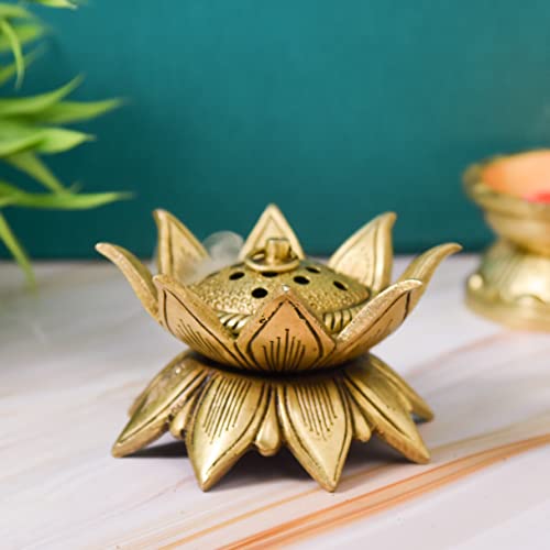 Bhimonee Decor Lotus Design Brass Agarbatti/Dhoop Holder, Home Décor, Gift & Puja, 750 gm, 2.3 inches, Brass Black Antique Finish, 1 Piece