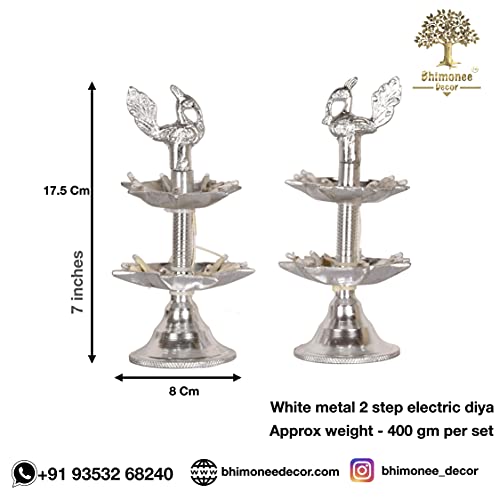 Bhimonee Decor White Metal 7 inches Silver Colour 2 Step Electric Bulb Lights Diya|Deep|Deepak for Pooja|Puja|Mandir| Diwali Festival Decoration||Pair||