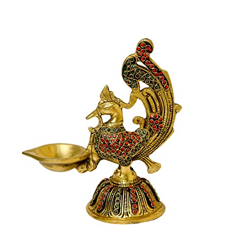 Stone Work Pure Brass Peacock Design Table Diya, 7.25 inches Home Decor