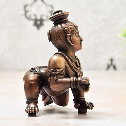 Copper Idols India - By Bhimonee Decor , 4 inches, Handmade Copper Bal Krishna Idol, 810 Grams , Patina Antique Finish , Pack of 1 Piece