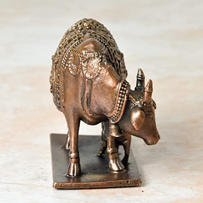 Copper Idols India - By Bhimonee Decor , 2.5 inches, Handmade Copper Cow and Calf | Kamadenu | Hasu Karu Idol, 650 Grams , Patina Antique Finish , Pack of 1 Piece