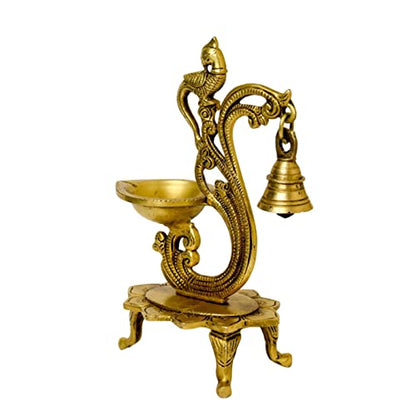 Bhimonee Decor Pure Brass Table Diya with Bell, 8.25 inches, 1 Wicks, 650 gm, Pack of 1 pcs