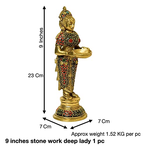 Brass Stone Work Lady with Diya, 9 inches Size