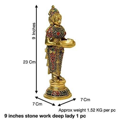 Brass Stone Work Lady with Diya, 9 inches Size