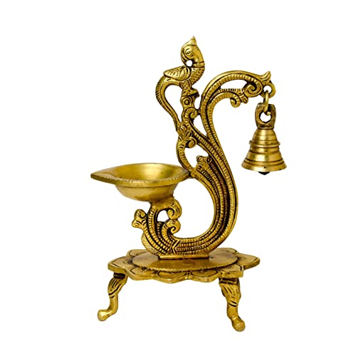 Bhimonee Decor Pure Brass Table Diya with Bell, 8.25 inches, 1 Wicks, 650 gm, Pack of 1 pcs