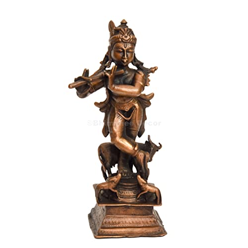 Bhimonee Decor Handmade Copper Cow Krishna Idol 4 inches , Patina Antique Finish , 1 Piece