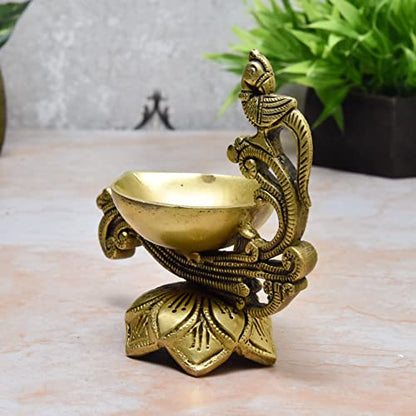  Brass Akhand Jyothi Lotus Base Peacock Bhimonee 