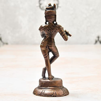 Copper Idols India - By Bhimonee Decor , 4.1 inches, Handmade Copper Krishna Idol, 170 Grams , Patina Antique Finish , Pack of 1 Piece