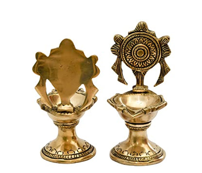 Bhimonee Decor Pure Brass Shanku Chakra Long Table Diya, 6 inches Big Size, Brass, Pack of 1 Pair