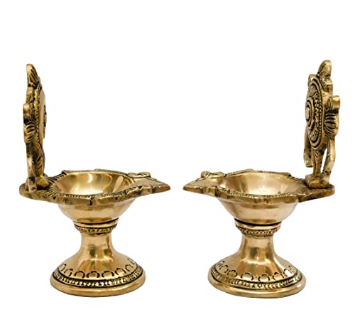 Bhimonee Decor Pure Brass Shanku Chakra Long Table Diya, 6 inches Big Size, Brass, Pack of 1 Pair