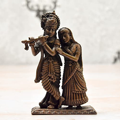 Copper Idols India - By Bhimonee Decor , 3.5 inches, Handmade Copper Radha Krishna Idol, 240 Grams , Patina Antique Finish , Pack of 1 Piece