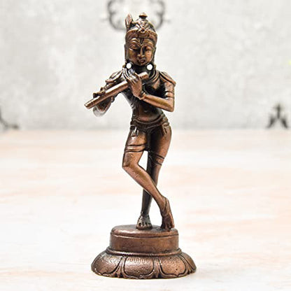 Copper Idols India - By Bhimonee Decor , 4.1 inches, Handmade Copper Krishna Idol, 170 Grams , Patina Antique Finish , Pack of 1 Piece