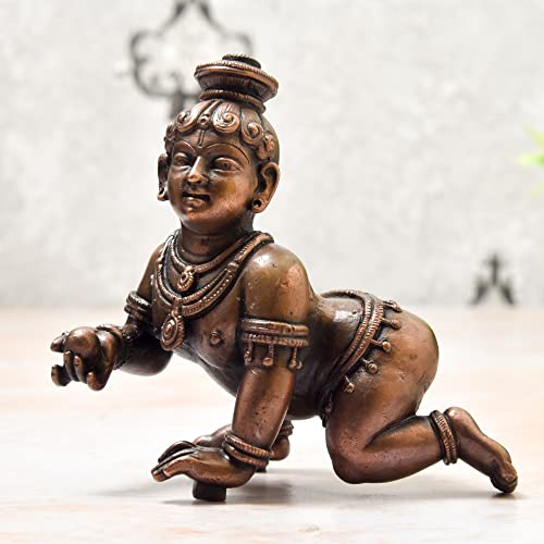 Copper Idols India - By Bhimonee Decor , 4 inches, Handmade Copper Bal Krishna Idol, 810 Grams , Patina Antique Finish , Pack of 1 Piece