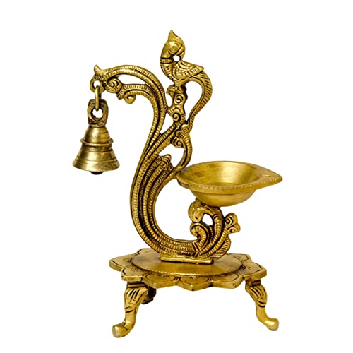 Bhimonee Decor Pure Brass Table Diya with Bell, 8.25 inches, 1 Wicks, 650 gm, Pack of 1 pcs