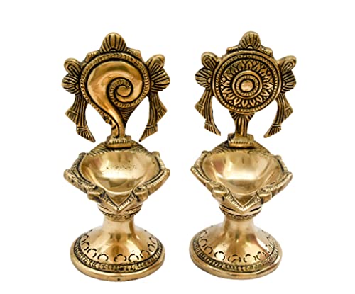 Bhimonee Decor Pure Brass Shanku Chakra Long Table Diya, 6 inches Big Size, Brass, Pack of 1 Pair