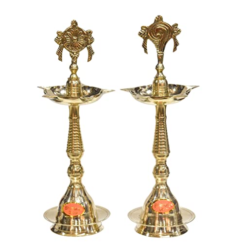 Bhimonee Decor Pure Brass Shanku Chakra Kerla Fancy Diya, 11 inches, Brass Colour, Pack of 1 Pair