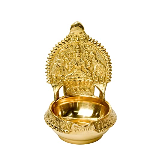 Bhimonee Decor Pure Brass GAJALAKSHMI KUBER KAMAKSHI Deep, Deepak, Diya for Pooja Purposes, 6 Inches, 440 gm