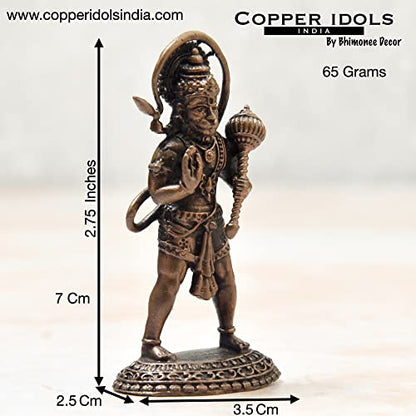 Copper Idols India - By Bhimonee Decor , 2.75 inches, Handmade Copper Hanuman Idol , 65 Grams , Patina Antique Finish , Pack of 1 Piece