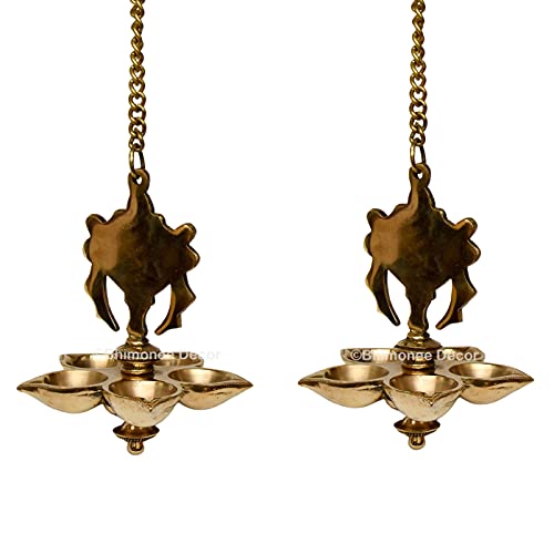 Bhimonee Decor by Modern Gift Centre Pure Brass shanku Chakra Diya|Deep|Deepak Hanging 5 Wicks Medium Size for Pooja|Puja|Mandir| Diwali Festival Decoration|