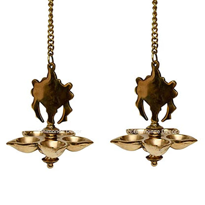 Bhimonee Decor by Modern Gift Centre Pure Brass shanku Chakra Diya|Deep|Deepak Hanging 5 Wicks Medium Size for Pooja|Puja|Mandir| Diwali Festival Decoration|