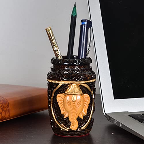 Bhimonee Decor Polished Ganesha Wooden Desk Organiser, Pen Stand/Pencil Stand, Stationary Stand for Office And Student Use