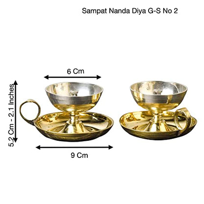 Bhimonee Decor Pure Brass, Gold Silver Collection Sampat Nanda Diya | Nanda Table Diya, 2.1 inches, Brass, Pack of 2 pcs