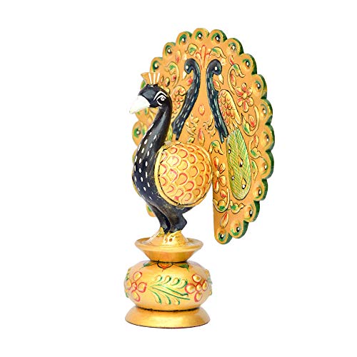 Bhimonee Decor Wooden Dancing Peacock Gold Colour 5.5" for Home, Office Gifting