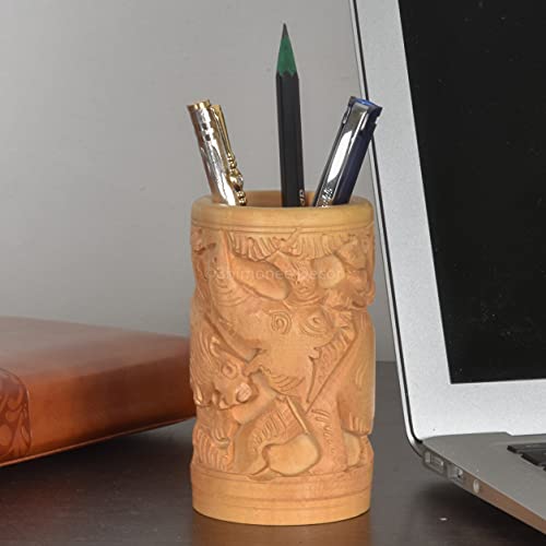 Bhimonee Decor elephant carvings Wooden Desk Organiser, Pen Stand/Pencil Stand, Stationary Stand for Office And Student Use