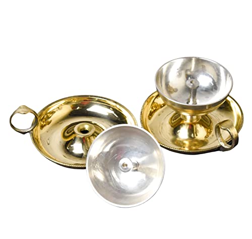Bhimonee Decor Pure Brass, Gold Silver Collection Sampat Nanda Diya | Nanda Table Diya, 2.1 inches, Brass, Pack of 2 pcs