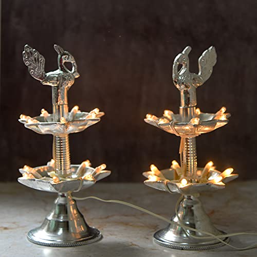 Bhimonee Decor White Metal 7 inches Silver Colour 2 Step Electric Bulb Lights Diya | Deep | Deepak for Pooja | Puja | Mandir | Diwali Festival Decoration | Pair