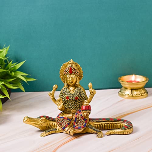 Bhimonee Decor Brass Stone Work Ganaga Maa Idol for Home Decor, Gift & Puja, 1.850 kg, 5.5 inches, Brass Black Antique Finish, 1 Piece