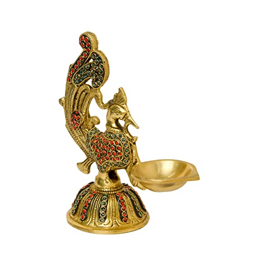 Stone Work Pure Brass Peacock Design Table Diya, 7.25 inches Bhimonee