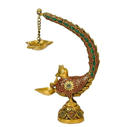  Stone Work Peacock Design Brass Hanging Diya Decor