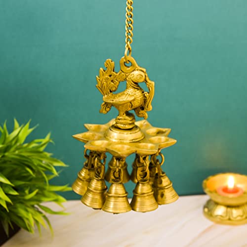 Bhimonee Decor Peacock Design Pure Brass Hanging Diya with Bell, 6 inches, 1.15, Pack of 1 pcs