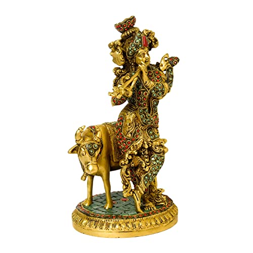 Brass Stone Work Krishna Idol with Cow Bhimonee