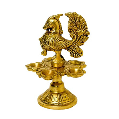 Bhimonee Decor Pure Brass Peacock Design Table Diya, 6.5 inches, 5 Wicks, 1.2 kg, Pack of 1 pcs
