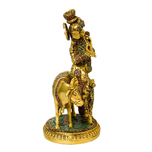 Brass Stone Work Krishna Idol with Cow 9.5 Inches