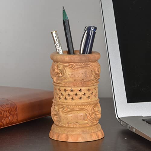 Bhimonee Decor Carvings Wooden Desk Organiser, Pen Stand/Pencil Stand, Stationary Stand for Office And Student Use