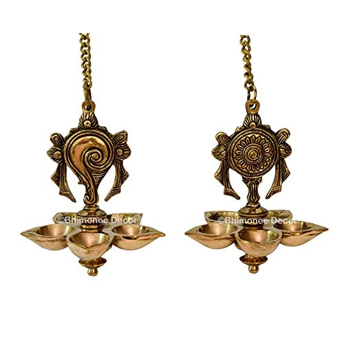 Bhimonee Decor by Modern Gift Centre Pure Brass shanku Chakra Diya|Deep|Deepak Hanging 5 Wicks Medium Size for Pooja|Puja|Mandir| Diwali Festival Decoration|