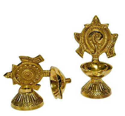 Bhimonee Decor Pure Brass Shanku Chakra Diya, 4.3 inches, Gold Polish, Pack of 1 Pair