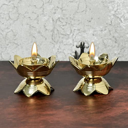 Bhimonee Decor Pure Brass Kamal Nanda Table Diya, 1.75 inches, Brass, Pack of 2 pcs