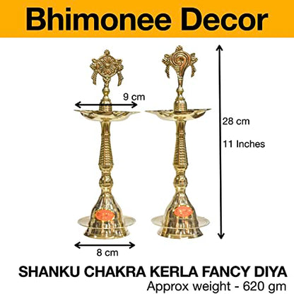 Bhimonee Decor Pure Brass Shanku Chakra Kerla Fancy Diya, 11 inches, Brass Colour, Pack of 1 Pair