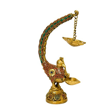  Stone Work Peacock Design Brass Hanging Diya 12.5 Inches