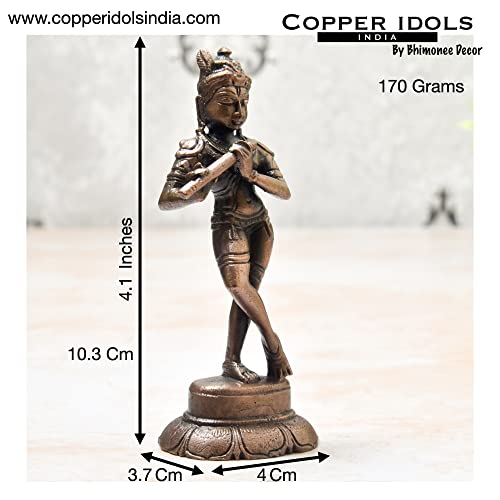 Copper Idols India - By Bhimonee Decor , 4.1 inches, Handmade Copper Krishna Idol, 170 Grams , Patina Antique Finish , Pack of 1 Piece