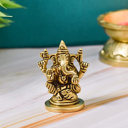 Brass Sitting Ganesha Idol, 2.5 inches, Home Decor