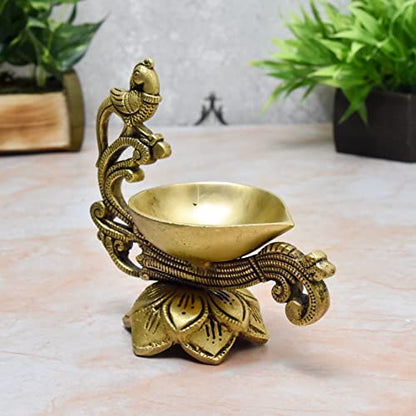  Brass Akhand Jyothi Lotus Base Peacock