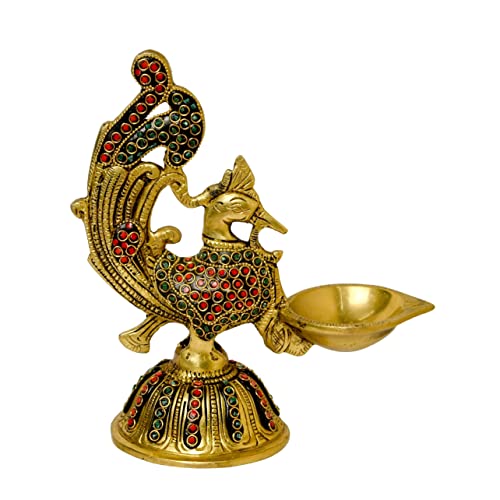 Stone Work Pure Brass Peacock Design Table Diya, 7.25 inches India