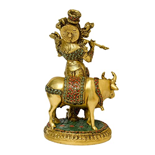 Brass Stone Work Krishna Idol with Cow Decor