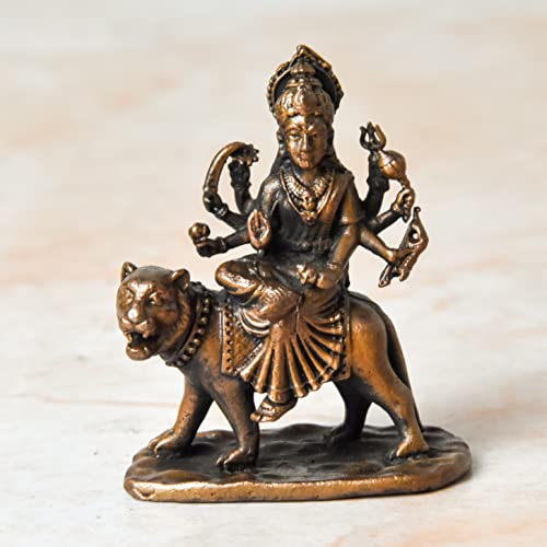 Copper Idols India - By Bhimonee Decor , 1.8 inches, Copper Handmade Durga Idol , 50 Grams , Patina Antique Finish , Pack of 1 Piece